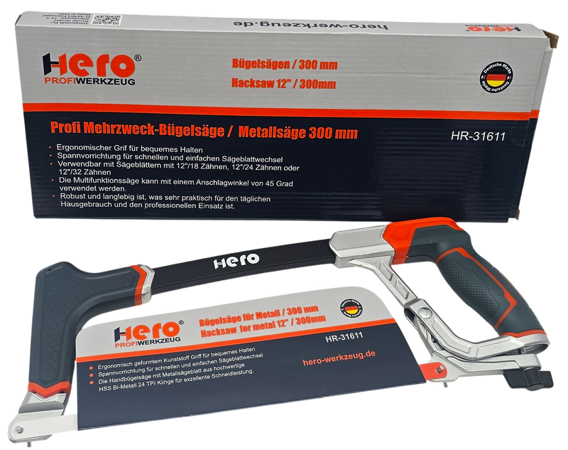 HERO Bügelsäge Metallsäge 300 mm HSS Bi-Metall-Sägeblatt 24 TPI