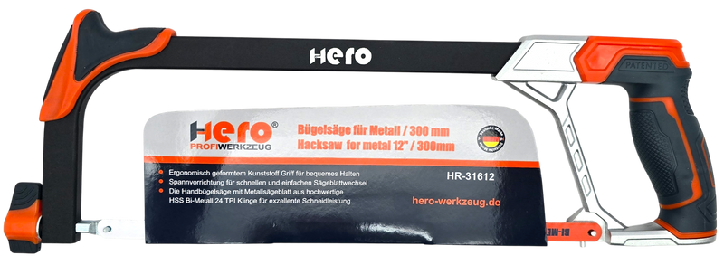 HERO Bügelsäge Metallsäge 300 mm HSS Bi-Metall-Sägeblatt 24 TPI Softgriff Profi