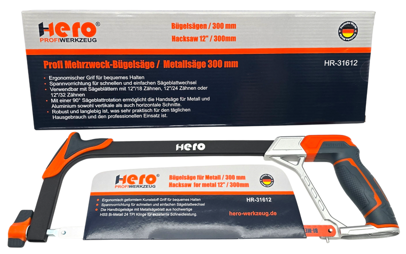 HERO Bügelsäge Metallsäge 300 mm HSS Bi-Metall-Sägeblatt 24 TPI Softgriff Profi