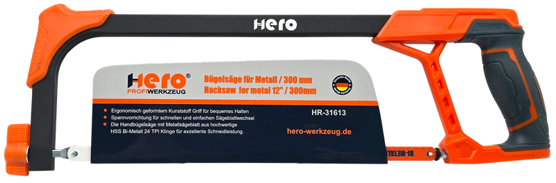 HERO Metallsäge 300 mm Bügelsäge HSS Bi-Metall-Sägeblatt 24 TPI