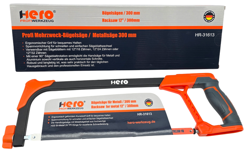 HERO Metallsäge 300 mm Bügelsäge HSS Bi-Metall-Sägeblatt 24 TPI
