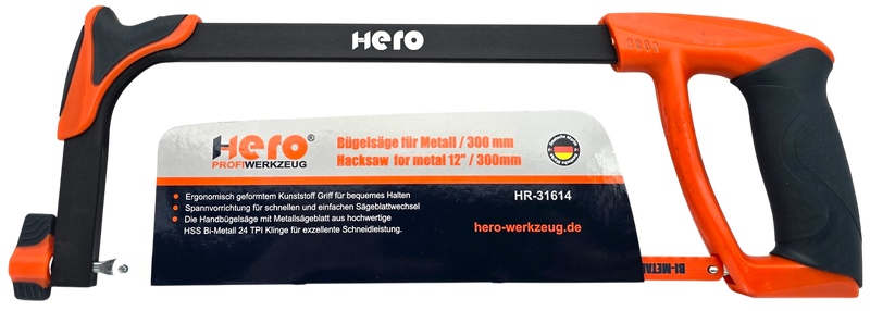 HERO Metallsäge Bügelsäge 300 mm HSS Bi-Metall-Sägeblatt 24TPI Bogensäge Softgriff