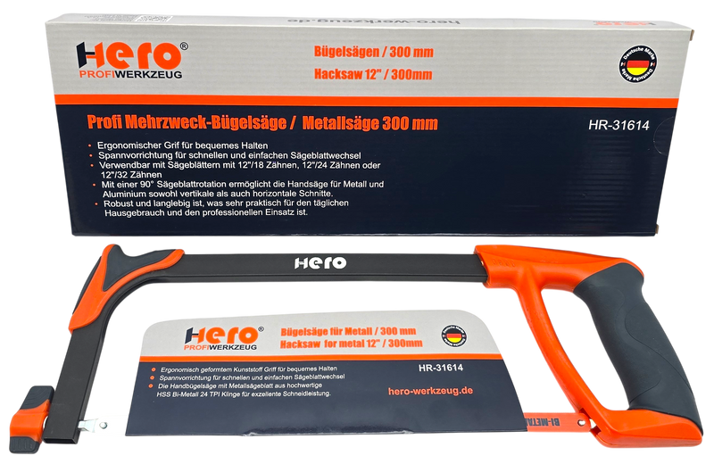 HERO Metallsäge Bügelsäge 300 mm HSS Bi-Metall-Sägeblatt 24TPI Bogensäge Softgriff