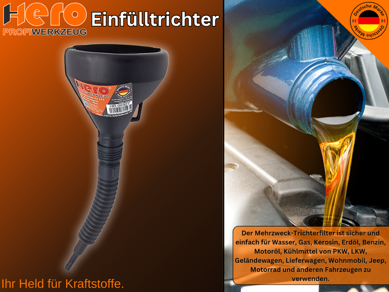 Hero Einfülltrichter 2 in 1 mit flexiblem Schlauch & Sieb – Öltrichter für KFZ, Werkstatt & Garage