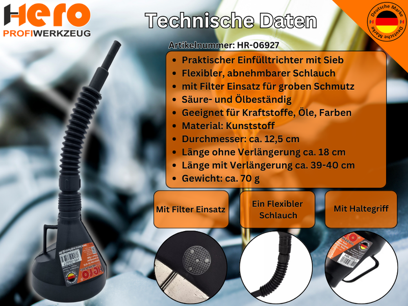 Hero Einfülltrichter 2 in 1 mit flexiblem Schlauch & Sieb – Öltrichter für KFZ, Werkstatt & Garage