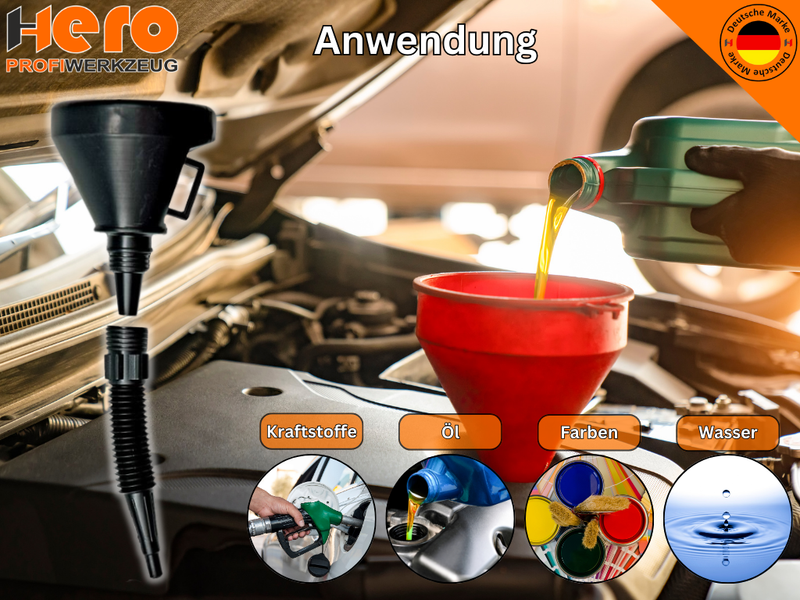Hero Einfülltrichter 2 in 1 mit flexiblem Schlauch & Sieb – Öltrichter für KFZ, Werkstatt & Garage