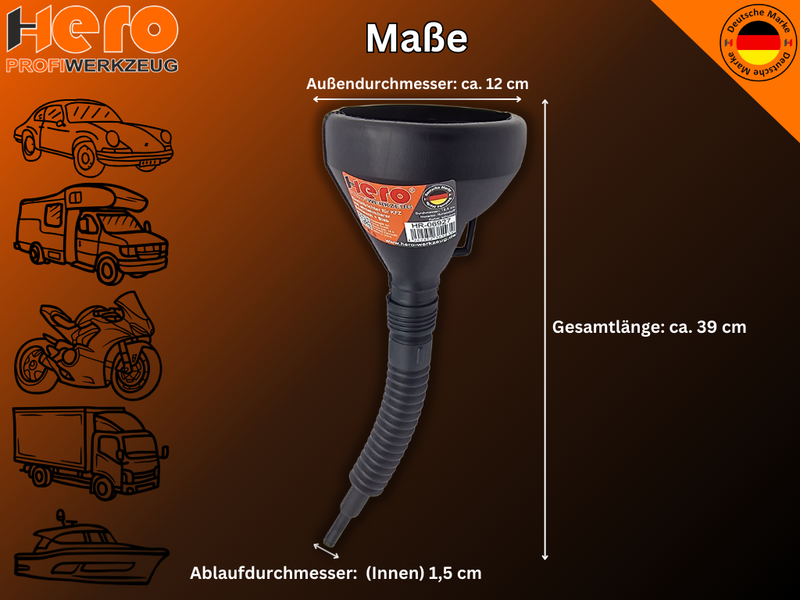Hero Einfülltrichter 2 in 1 mit flexiblem Schlauch & Sieb – Öltrichter für KFZ, Werkstatt & Garage