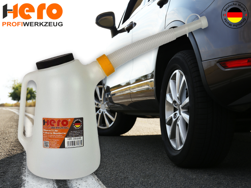 HERO Füllkanne 5 Liter mit flexiblem Einfüllstutzen – Ölkanne für Motoröl, Wasser & Bremsflüssigkeit