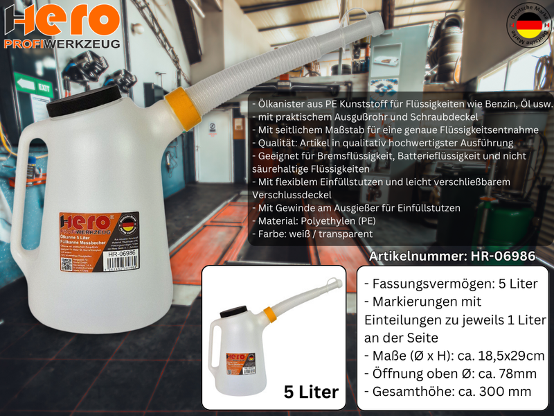 HERO Füllkanne 5 Liter mit flexiblem Einfüllstutzen – Ölkanne für Motoröl, Wasser & Bremsflüssigkeit