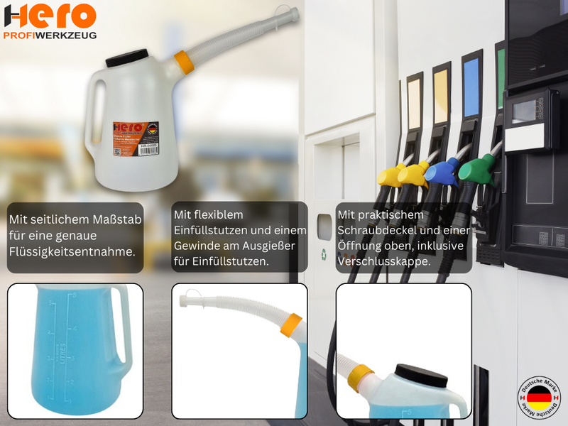 HERO Füllkanne 5 Liter mit flexiblem Einfüllstutzen – Ölkanne für Motoröl, Wasser & Bremsflüssigkeit