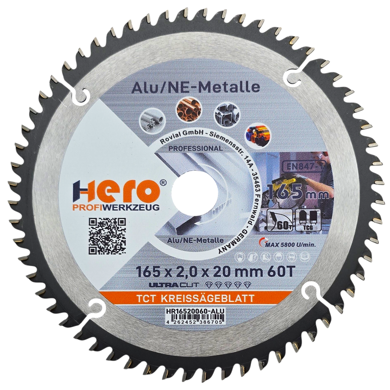 HERO Kreissägeblatt 165 x 20 mm 60Z ALU HM Sägeblatt NE-Metall TCG Professional