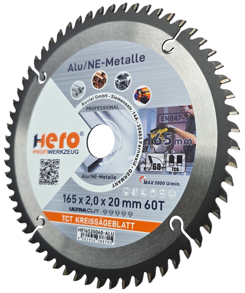 HERO Kreissägeblatt 165 x 20 mm 60Z ALU HM Sägeblatt NE-Metall TCG Professional