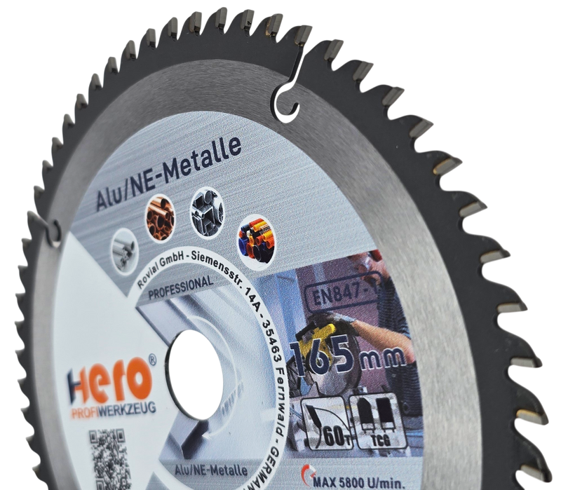 HERO Kreissägeblatt 165 x 20 mm 60Z ALU HM Sägeblatt NE-Metall TCG Professional
