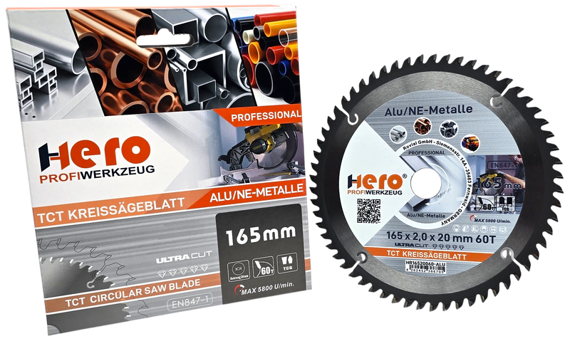 HERO Kreissägeblatt 165 x 20 mm 60Z ALU HM Sägeblatt NE-Metall TCG Professional