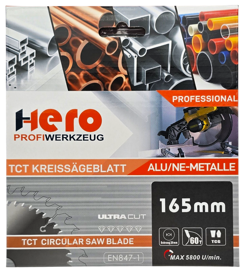 HERO Kreissägeblatt 165 x 20 mm 60Z ALU HM Sägeblatt NE-Metall TCG Professional