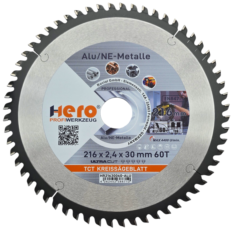 HERO Kreissägeblatt 216 x 30 mm 60Z ALU HM Sägeblatt NE-Metall TCG Professional