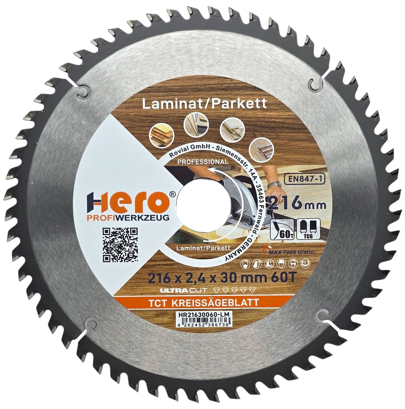 HERO Kreissägeblatt 216 x 30 mm 60 Zähne HM TCT Laminat Holz PVC