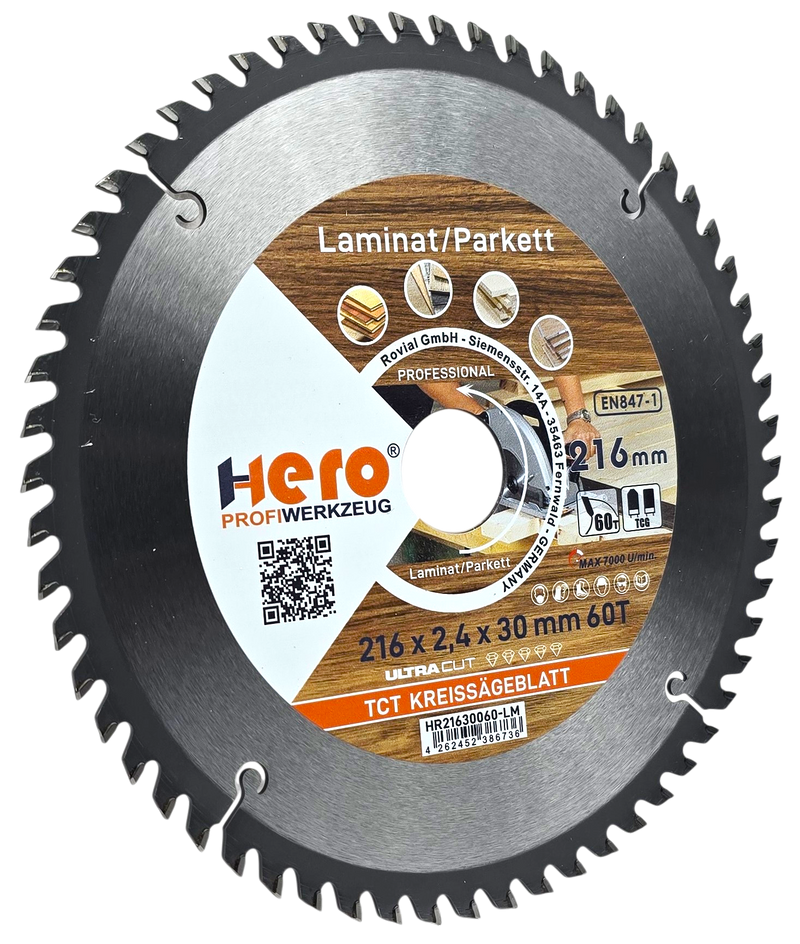 HERO Kreissägeblatt 216 x 30 mm 60 Zähne HM TCT Laminat Holz PVC