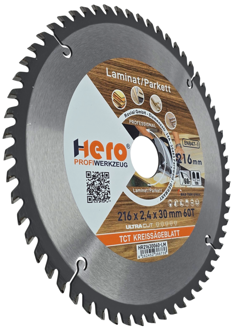 HERO Kreissägeblatt 216 x 30 mm 60 Zähne HM TCT Laminat Holz PVC