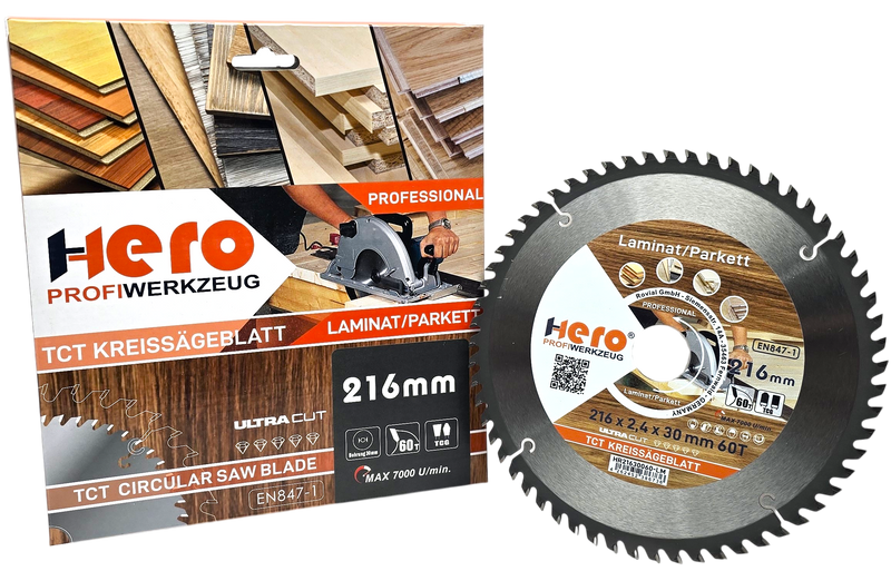 HERO Kreissägeblatt 216 x 30 mm 60 Zähne HM TCT Laminat Holz PVC