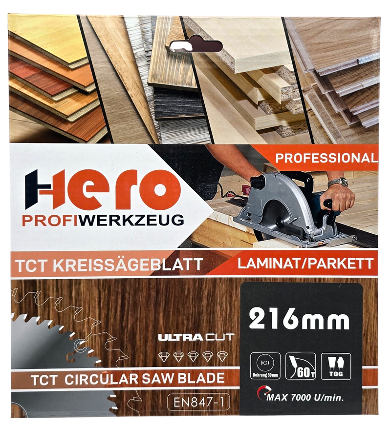 HERO Kreissägeblatt 216 x 30 mm 60 Zähne HM TCT Laminat Holz PVC