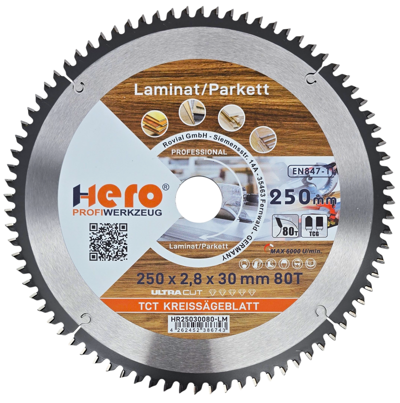 HERO Kreissägeblatt 250 x 30 mm 80 Zähne HM TCT Laminat Holz PVC