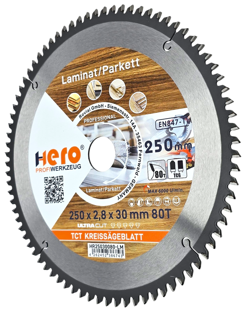 HERO Kreissägeblatt 250 x 30 mm 80 Zähne HM TCT Laminat Holz PVC