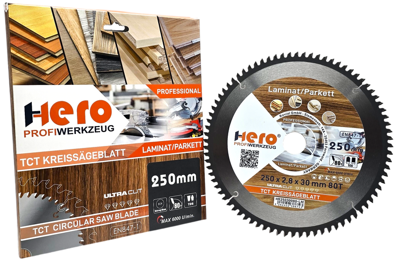 HERO Kreissägeblatt 250 x 30 mm 80 Zähne HM TCT Laminat Holz PVC
