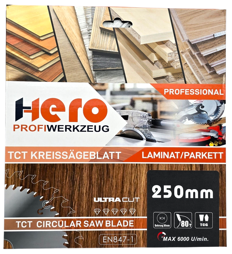 HERO Kreissägeblatt 250 x 30 mm 80 Zähne HM TCT Laminat Holz PVC