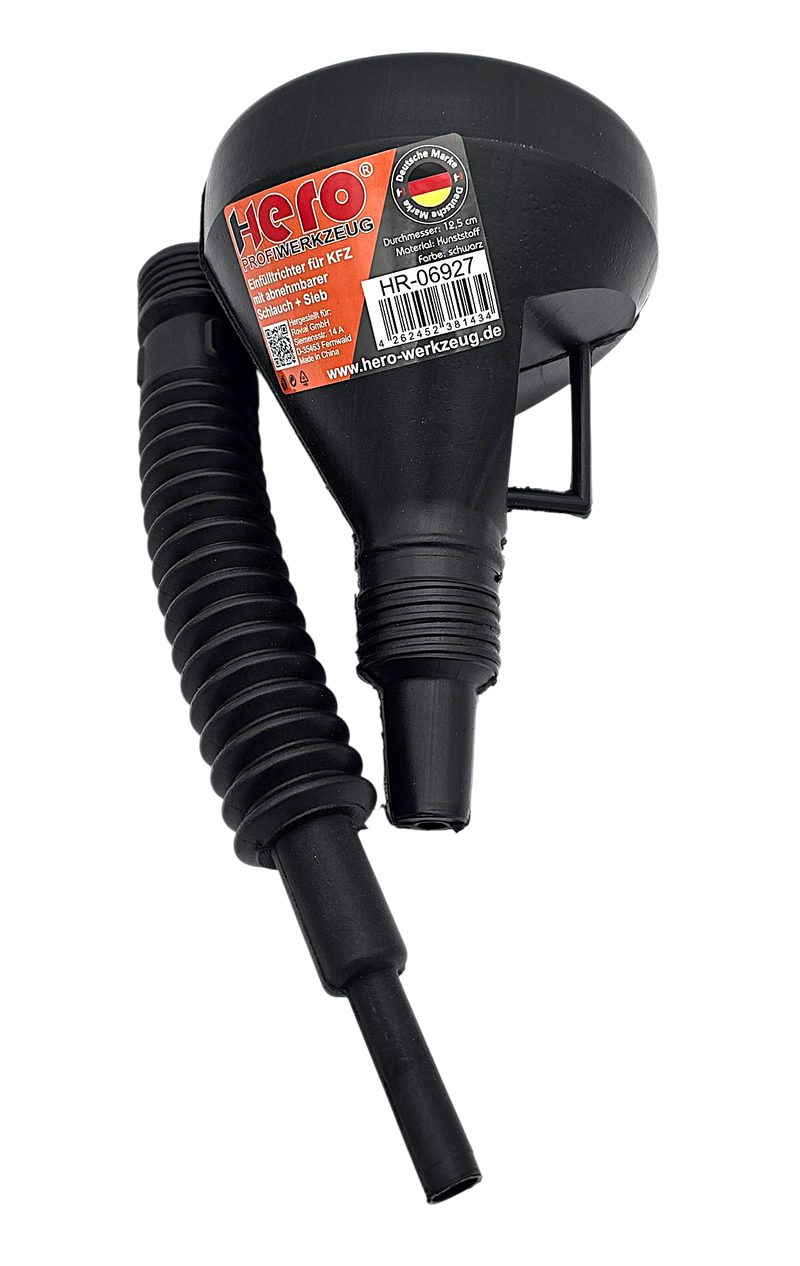 Hero Einfülltrichter 2 in 1 mit flexiblem Schlauch & Sieb – Öltrichter für KFZ, Werkstatt & Garage
