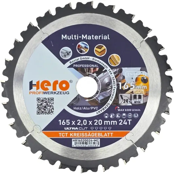 Kreissägeblatt 165 x 20 mm Multi Material 24Z HM Sägeblatt TCT Holz HERO PROFI