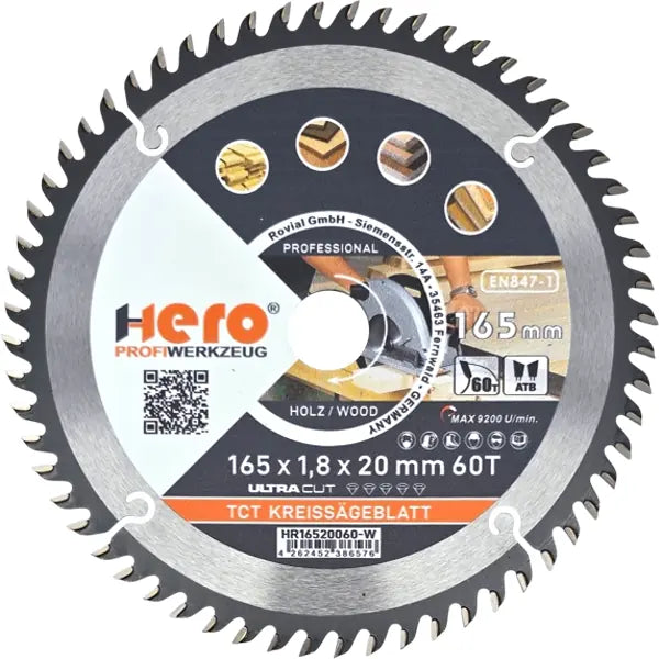 Kreissägeblatt 165 x 20 mm 60Z HM Sägeblatt TCT Sägeblätter Holz HERO PREMIUM