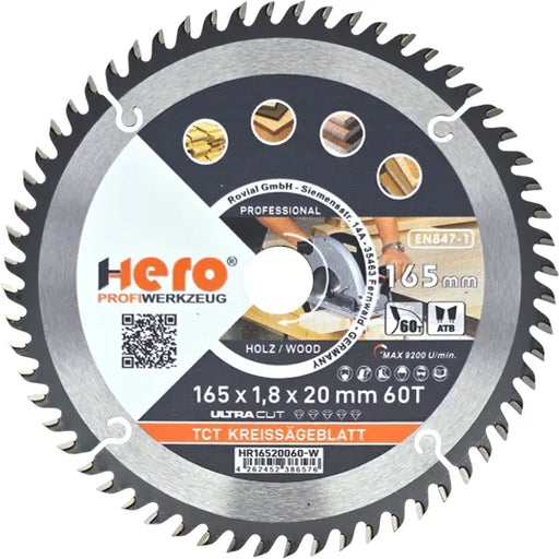 Kreissägeblatt 165 x 20 mm 60Z HM Sägeblatt TCT Sägeblätter Holz HERO PREMIUM