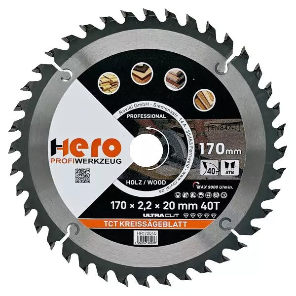 Kreissägeblatt 170 x 20/16 mm 40Z Profi HM Sägeblatt TCT Holz
